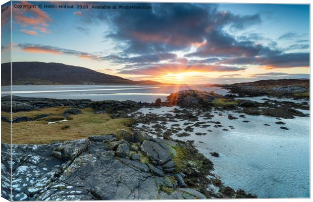 Beautiful sunset over the sandy beach at Luskentyre Canvas Print by Helen Hotson