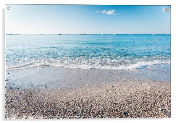 Pebble beach in Condofuri Calabria Italy with fishing boats on the horizon Acrylic by Natalia Macheda
