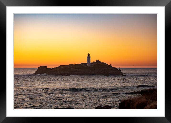 Godrevy Lighthuse at Sunset Framed Mounted Print by Ian Whitcombe