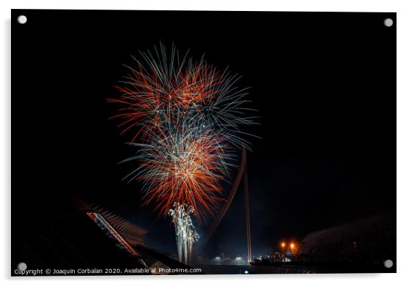 Colorful fireworks over the night city, free black space for text. Acrylic by Joaquin Corbalan