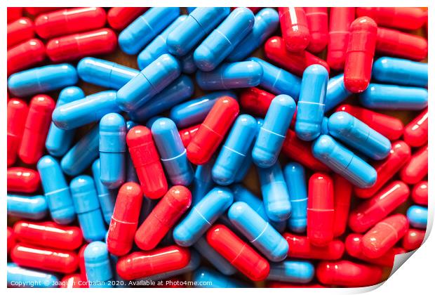 Choosing between two options is difficult, many red and blue pills mixed to choose which one to take. Print by Joaquin Corbalan