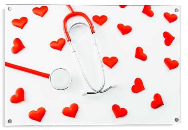Stethoscope isolated on white background with red hearts. Acrylic by Joaquin Corbalan