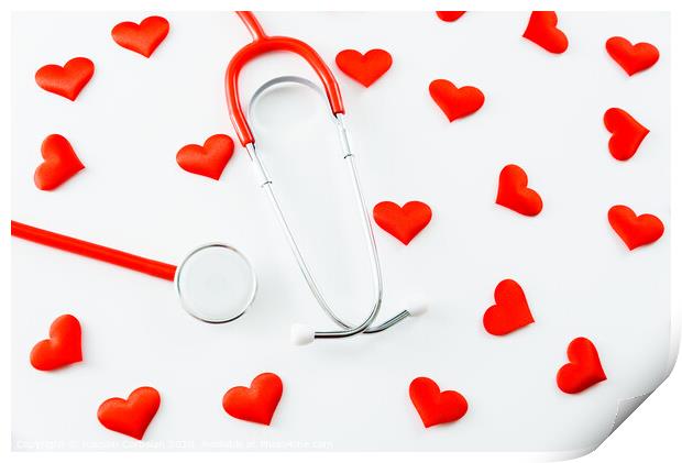Stethoscope isolated on white background with red hearts. Print by Joaquin Corbalan