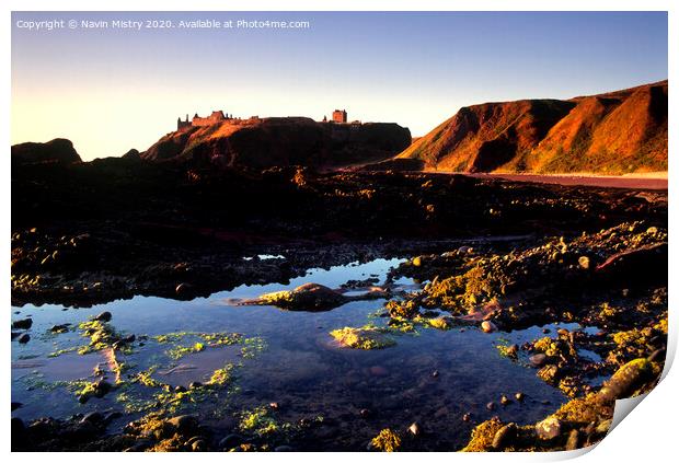 Dunnottar  Castle near Stonehaven seen from the rocky beach below Print by Navin Mistry