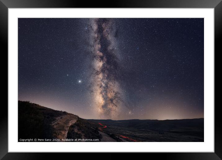 The Milky Way with car light trails on the Foreground Landscape Framed Mounted Print by Pere Sanz