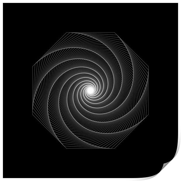 White dynamic geometry spiral shape on black background Print by Arpad Radoczy