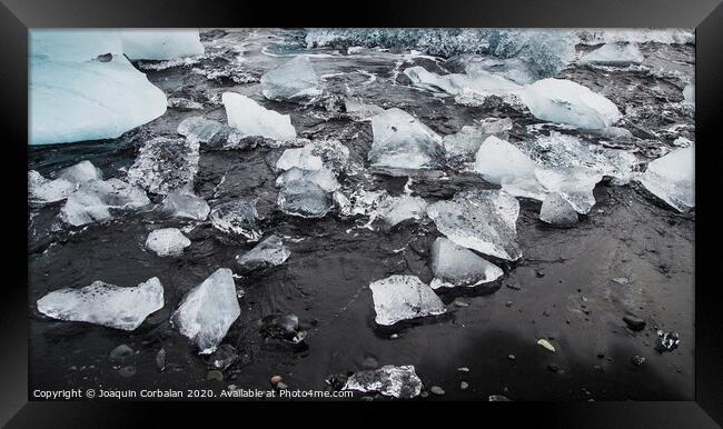 Giant ice blocks detached from icebergs on the coast of an Icelandic beach. Framed Print by Joaquin Corbalan