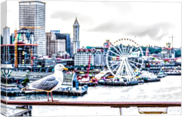 Seagull and Seattle Ferris Wheel Canvas Print by Darryl Brooks