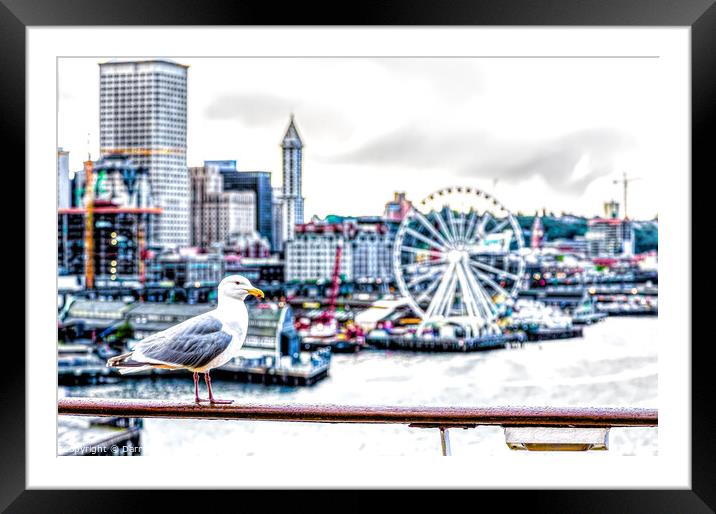 Seagull and Seattle Ferris Wheel Framed Mounted Print by Darryl Brooks