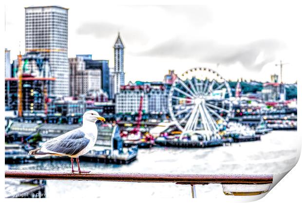 Seagull and Seattle Ferris Wheel Print by Darryl Brooks
