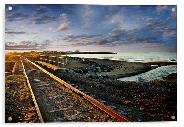 Train Tracks by the Ocean Acrylic by Elaine Manley