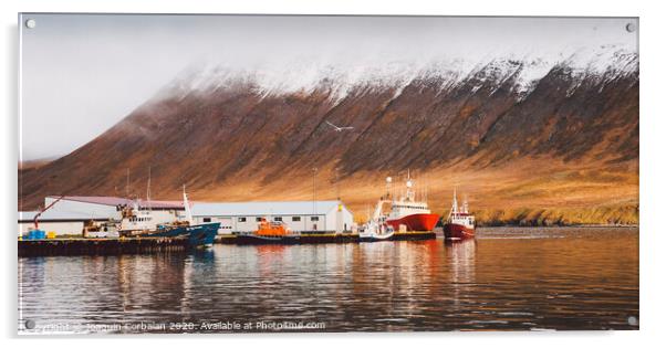 Fishing port of the village of Seydisfjordur, in Iceland, with vibrant colors and reflections in the sea of fishing boats. Acrylic by Joaquin Corbalan