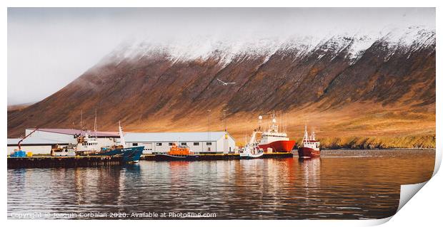 Fishing port of the village of Seydisfjordur, in Iceland, with vibrant colors and reflections in the sea of fishing boats. Print by Joaquin Corbalan