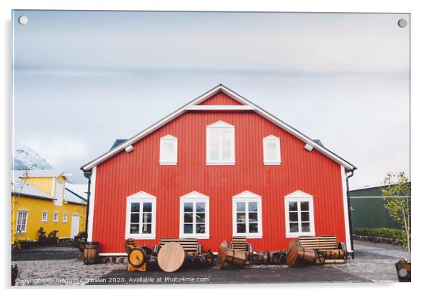 Nice house with red wooden planks in iceland. Acrylic by Joaquin Corbalan