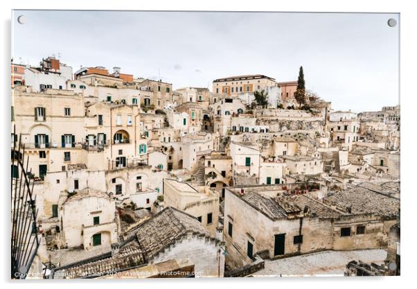 Long panoramic views of the rocky old town of Matera with its stone roofs. Acrylic by Joaquin Corbalan