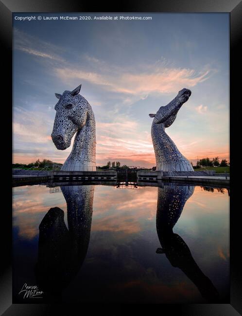 The Kelpies at Sunset Framed Print by Lauren McEwan