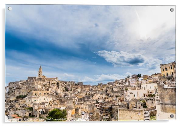 Long panoramic views of the rocky old town of Matera with its stone roofs. Acrylic by Joaquin Corbalan