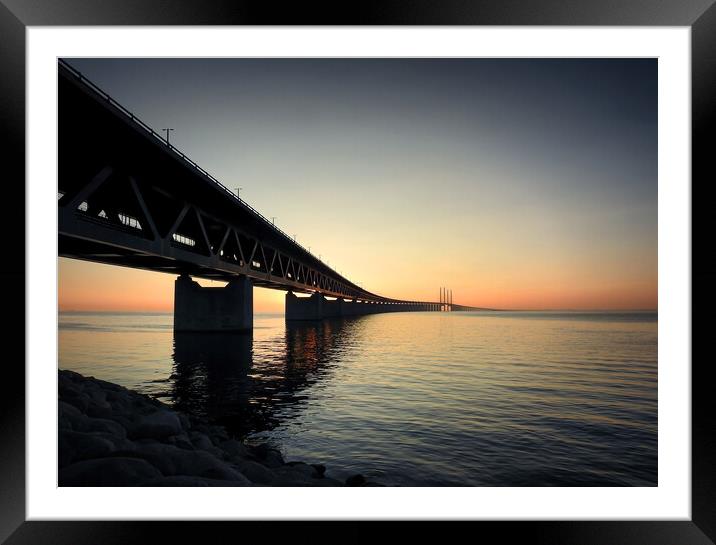 Oresunds Bridge Silhouetted at Sunset Framed Mounted Print by Antony McAulay
