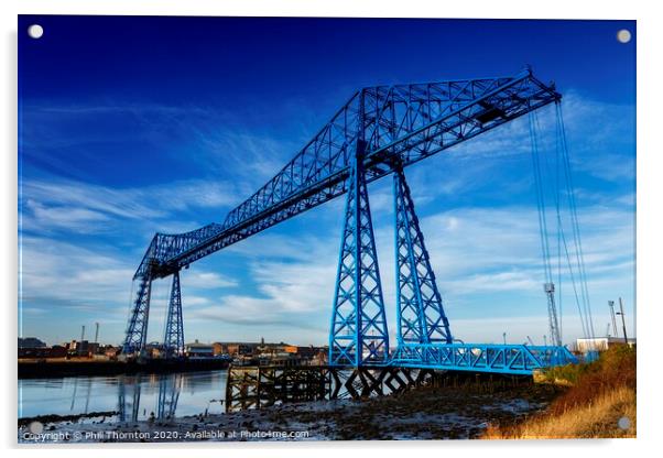 Blue skies above the Tees Transporter bridge. Acrylic by Phill Thornton