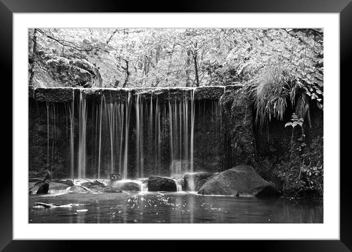 Black and white waterfall at Knypersley resrvoir Framed Mounted Print by Andrew Heaps