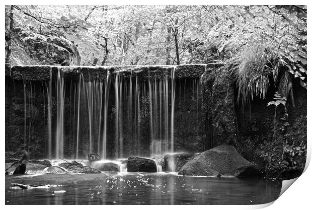 Black and white waterfall at Knypersley resrvoir Print by Andrew Heaps