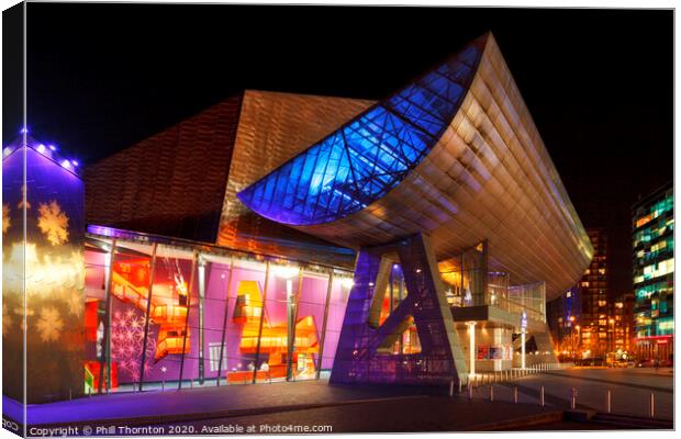 Night time image of The Lowry Theatre, Salford, Ma Canvas Print by Phill Thornton