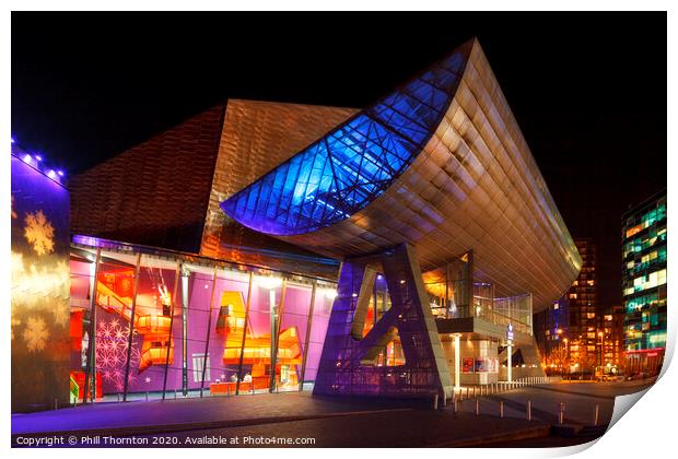 Night time image of The Lowry Theatre, Salford, Ma Print by Phill Thornton