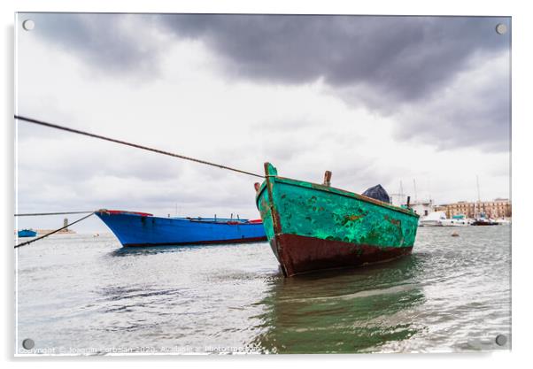 Small boat moored to Bari port, Italy, during a storm at sea. Acrylic by Joaquin Corbalan