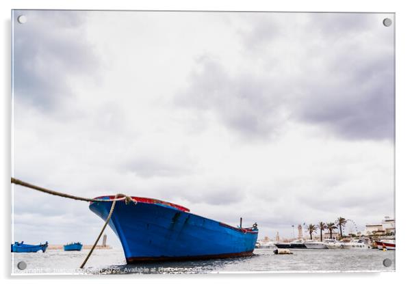 Small boat moored to Bari port, Italy, during a storm at sea. Acrylic by Joaquin Corbalan