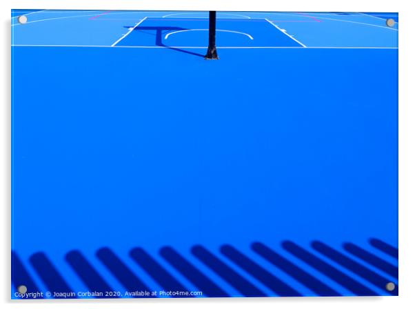 Floor background of an intense blue sports field with white lines. Acrylic by Joaquin Corbalan