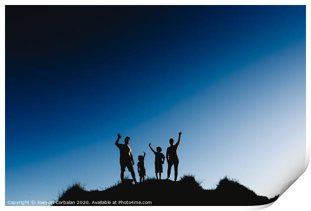 Silhouette of a happy family on top of a hill waving at sunset. Print by Joaquin Corbalan
