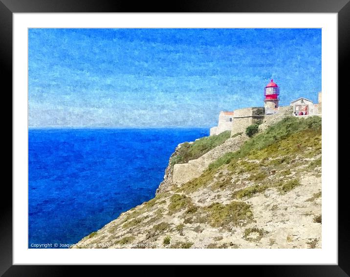 Lighthouse on top of a cliff overlooking the blue ocean on a sunny day, painted in oil on canvas. Framed Mounted Print by Joaquin Corbalan