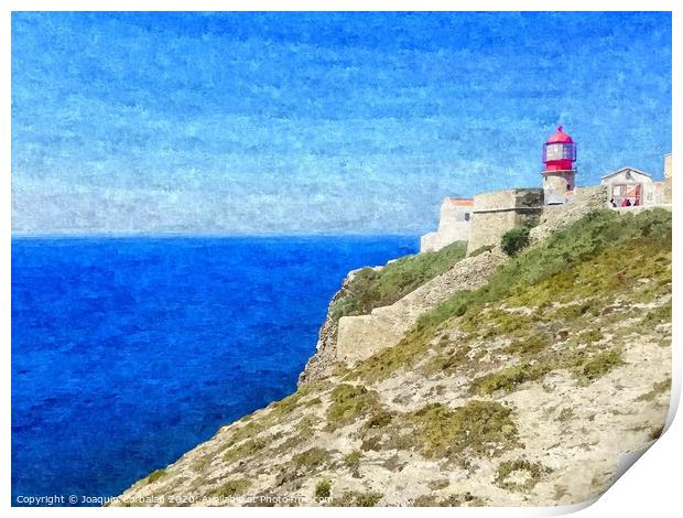 Lighthouse on top of a cliff overlooking the blue ocean on a sunny day, painted in oil on canvas. Print by Joaquin Corbalan