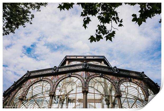 Windows of the glass palace of the Retiro Park in Madrid, with a background of a sky with clouds. Print by Joaquin Corbalan