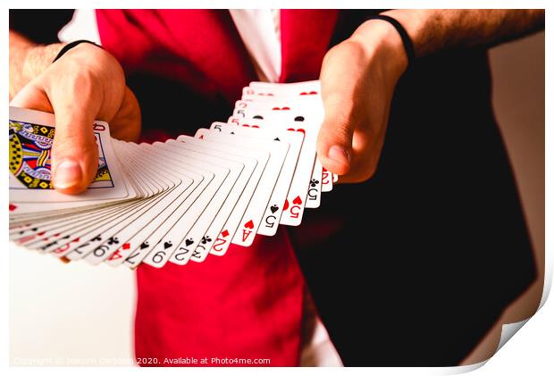 Hands of magician doing tricks with a deck of cards. Print by Joaquin Corbalan