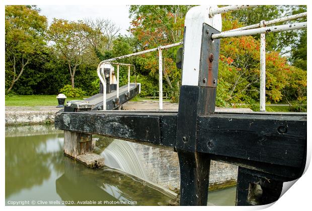 Overflowing lock gates. Print by Clive Wells