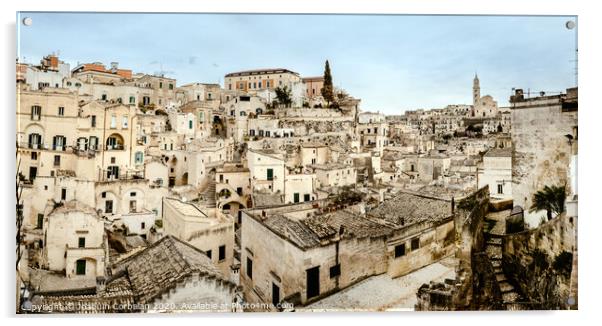 Panoramic view of Matera (Sassi di Matera) with its steep ancient stone streets, European Capital of Culture 2019, with clouds, at southern Italy, waiting to welcome tourists. Acrylic by Joaquin Corbalan
