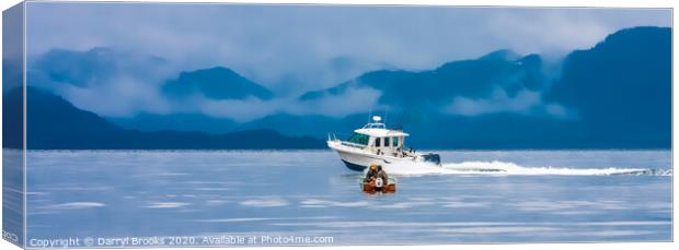 Small Fishing Boat Passed by Large Fishing Boat Canvas Print by Darryl Brooks
