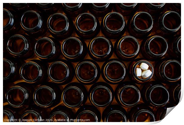 Containers for empty medicines except one full of pills, disease and medicines concept. Print by Joaquin Corbalan