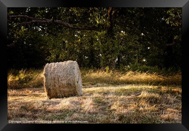 A roll of hay next to a wooded area Framed Print by Darryl Brooks