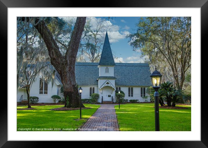 Small Church Past Brick Walk and Green Lawn with Lamps Framed Mounted Print by Darryl Brooks