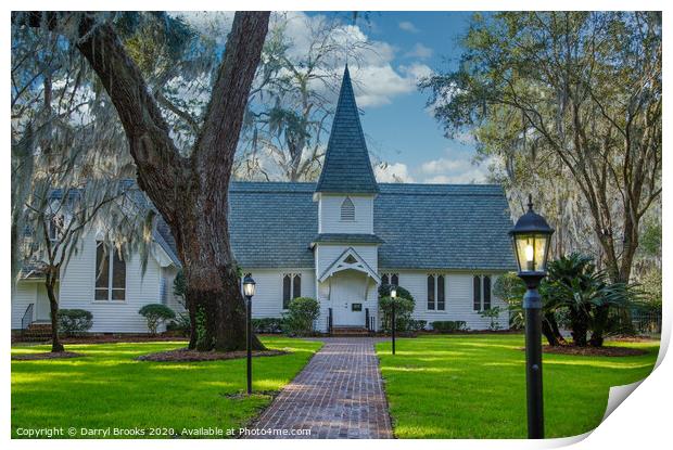 Small Church Past Brick Walk and Green Lawn with Lamps Print by Darryl Brooks
