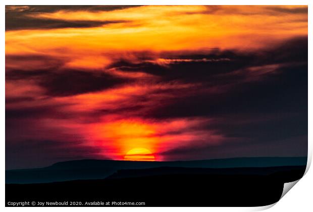 Sunset behind hills in the Peak District Print by Joy Newbould