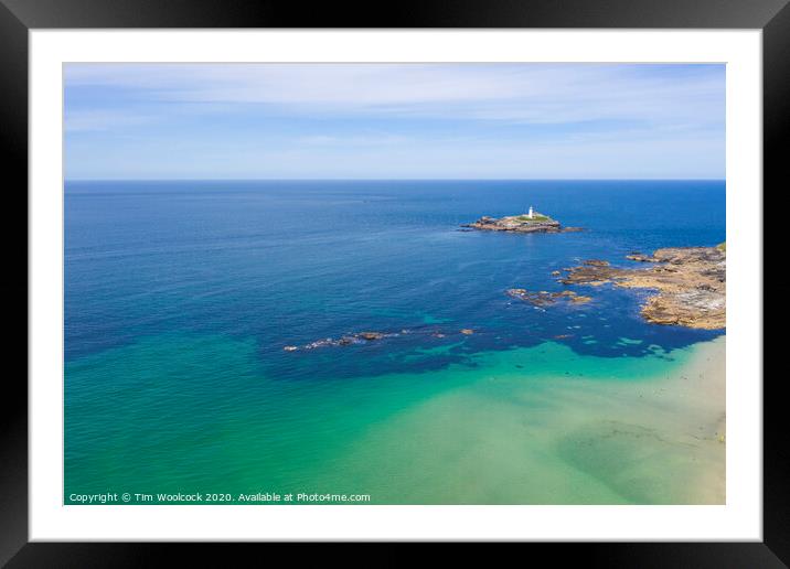 Aerial photography of Godrevy lighthouse  Framed Mounted Print by Tim Woolcock