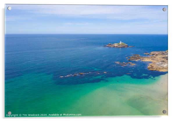 Aerial photography of Godrevy lighthouse  Acrylic by Tim Woolcock