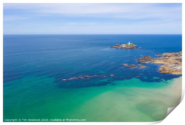 Aerial photography of Godrevy lighthouse  Print by Tim Woolcock