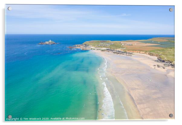 Aerial photography of Godrevy beach and lighthouse  Acrylic by Tim Woolcock