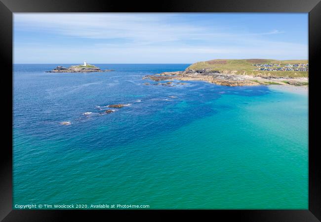 Aerial photography of Godrevy beach and lighthouse  Framed Print by Tim Woolcock
