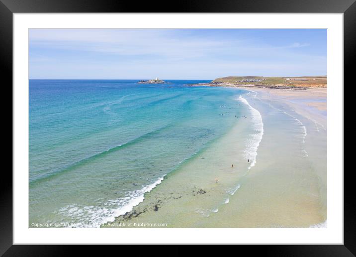 Aerial photography of Godrevy beach and lighthouse  Framed Mounted Print by Tim Woolcock