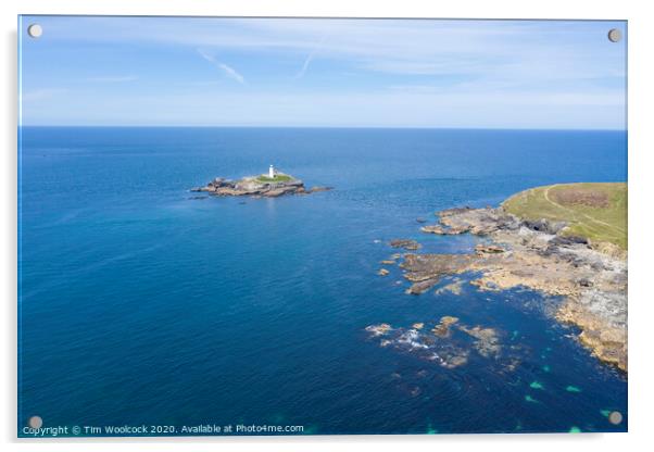 Aerial photography of Godrevy beach and lighthouse  Acrylic by Tim Woolcock